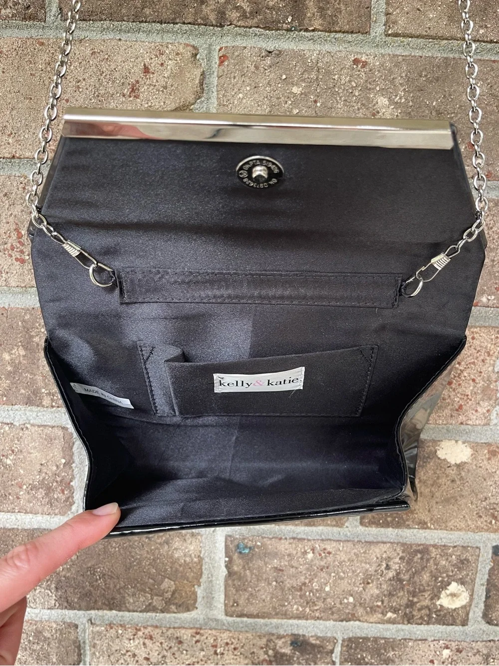 Kelly & Katie Black Patent Wristlet Clutch with Silver Accent